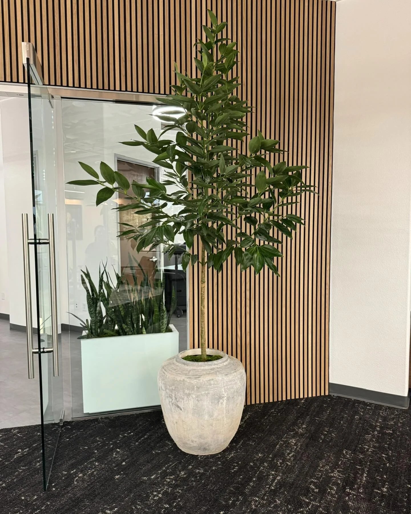 Faux installation against a wood-slat wall