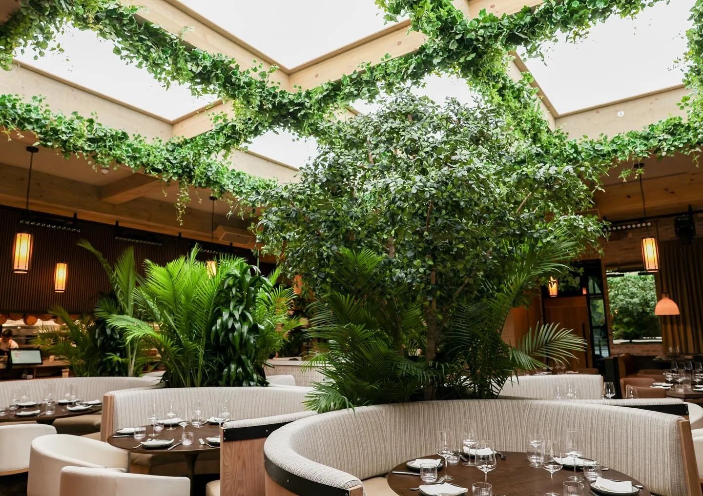 Atrium dining room under a canopy of greenery