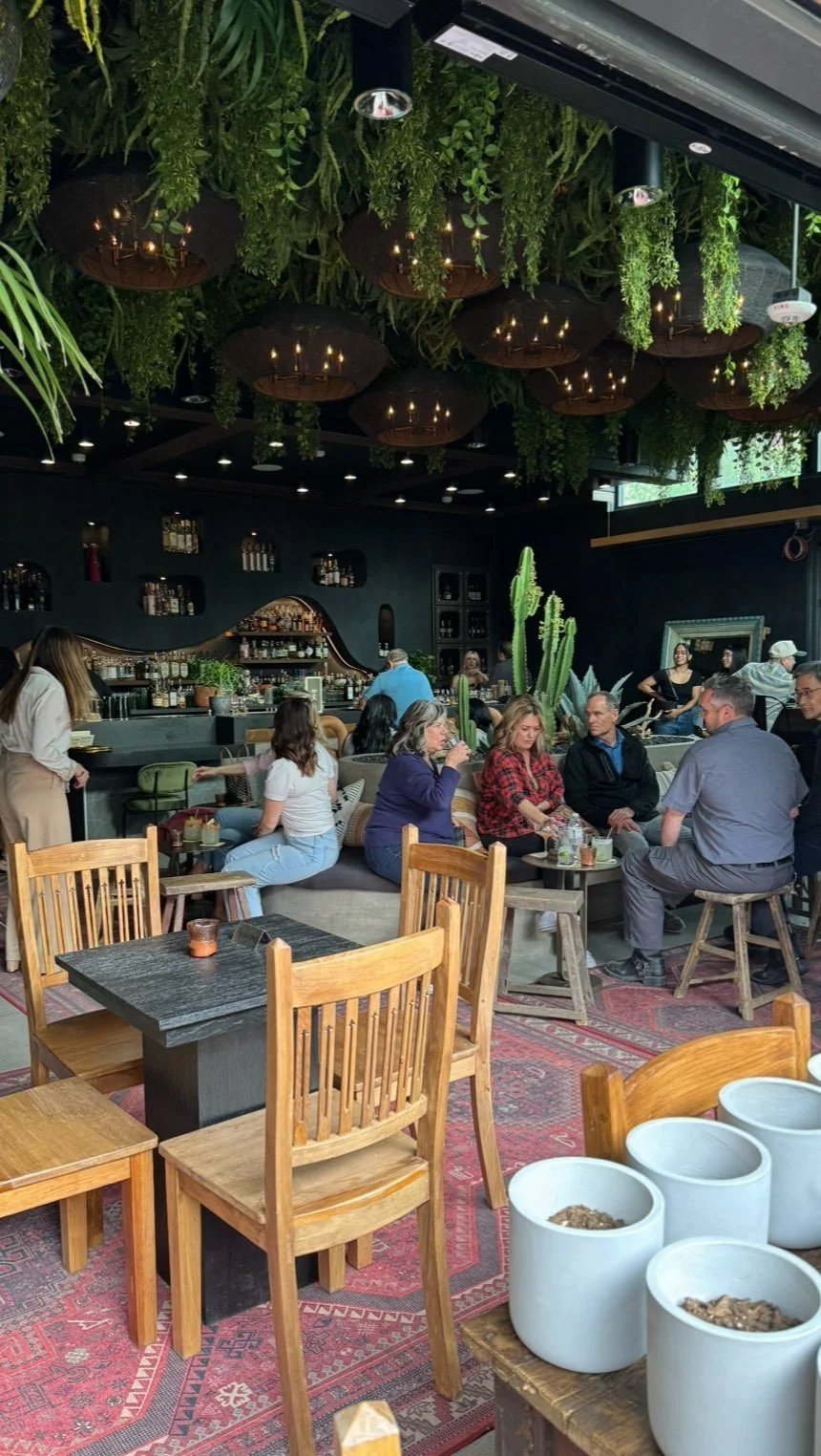 Trellised bar with hanging greenery